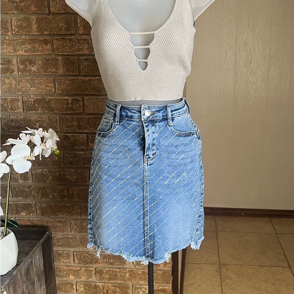 Blue Denim Mini Skirt with rhinestone - Picture 2 of 5